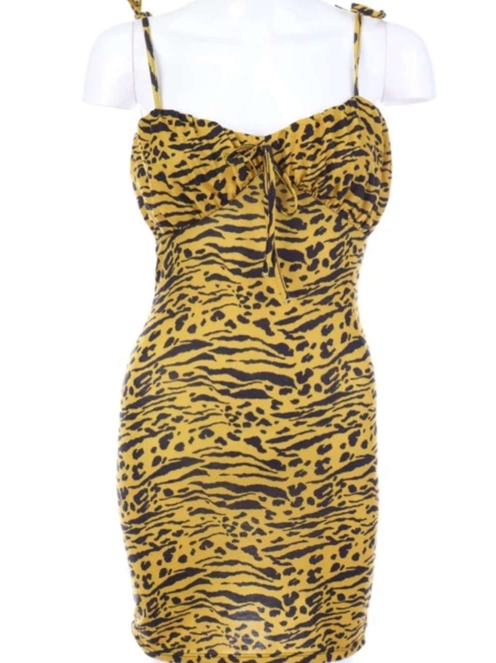Yellow Animal-Print Slip Dress with Tie Front